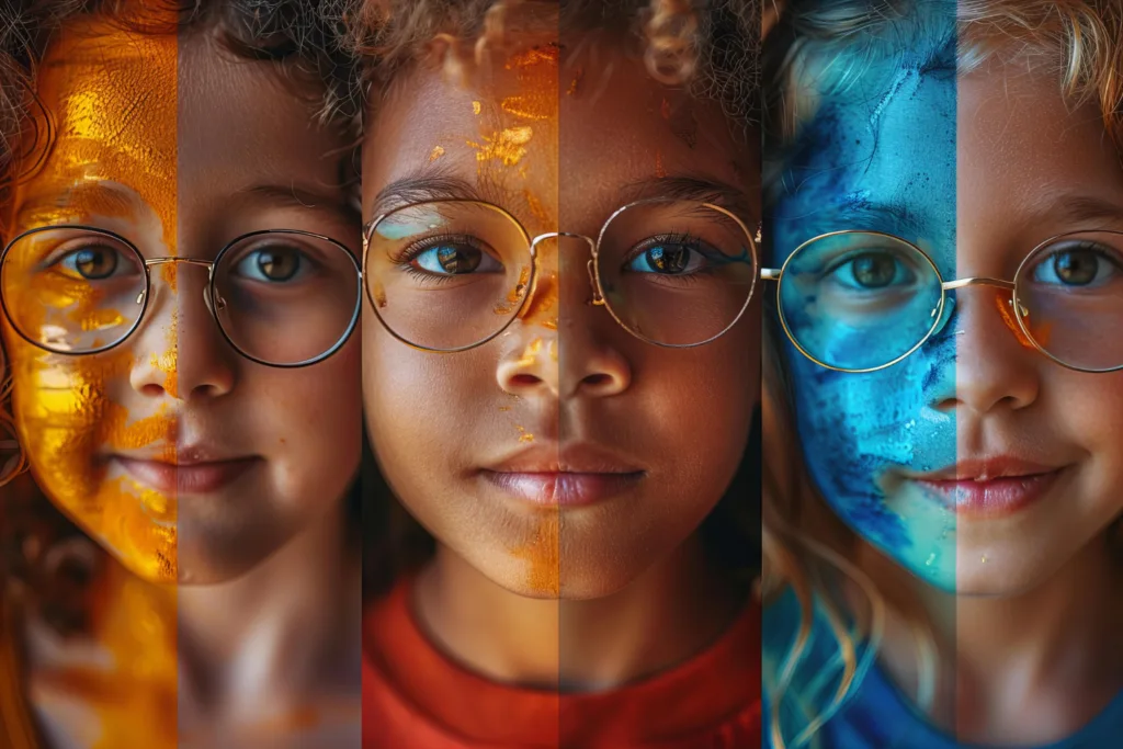 Four children with glasses, each having half their face painted in vibrant blue or orange, creating a split image.