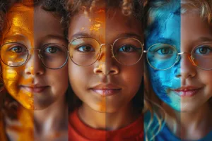 Four children with glasses, each having half their face painted in vibrant blue or orange, creating a split image.