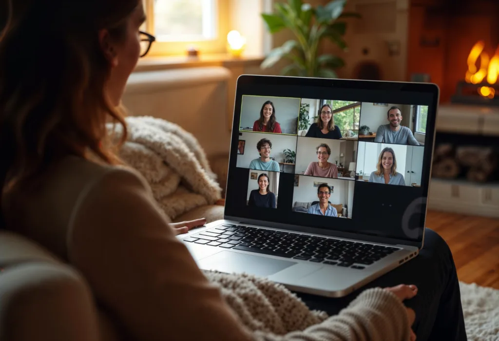 Person on a video call with eight others on a laptop screen, sitting in a cozy room by a fireplace.