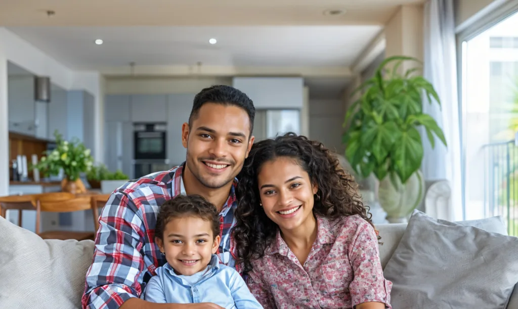Smiling family sitting on a couch in a bright living room with plants and kitchen in the background.